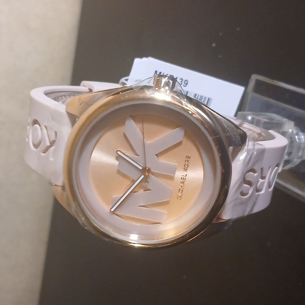 Michael Kors Pink and Gold Logo Dial Silicone Strap Watch - Picture 2 of 10